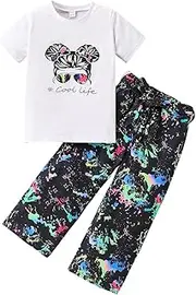 [Cakaner] Kid Toddler Girl Clothes Figure Graphic Short-sleeve Top + Leopard Print Pants 2 Piece Summer Outfits Set