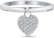 [Bling Jewelry] Personalized Dangle Charm CZ Heart Pad Lock Ring For Women Girlfriend .925 Sterling Silver Polished 1MM Band