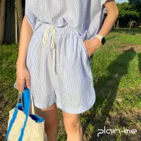 在飛比找momo購物網優惠-【plain-me】OOPLM 條紋休閒抽繩鬆緊短褲 OPM