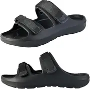 [Generic] Summer Men's Flat Sandals, Double Straps Adjustable Mens Slide Sandals, Black Open Toe PVC Sandals for Men.