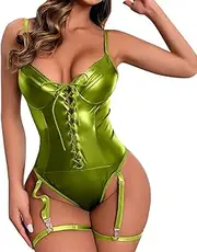 [Generic] Fishnet Stockings for Women Lingerie Lingerie For Women 1 PC Leather Teddy Bodysuit Lingerie Sexy Cutout Off Shoulder Conjoined PU Lace Up Garter Teddy Bodysuit Submissive Lingerie for Women plus Size