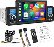 1 Din 5" Touch Screen Bluetooth Car Stereo Media Receiver Apple CarPlayer Android Auto Car Radio with Support Hands Free Calling FM SWC USB AUX Mirror Link + 12 LED Backup Camera
