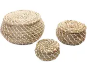 3 Pieces Woven Seagrass Basket Wicker Rattan Storage Baskets Round Box Picnic Baskets Laundry Baskets with Lid