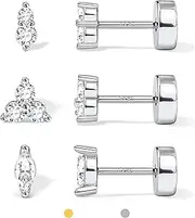 [Kakonia] Hypoallergenic Flat Back Earrings for Women | 14K Gold Plated Sterling Silver Post Stud | Cartilage Helix Conch Tragus Piercing Jewelry 3 Pairs Tiny Screw Dainty CZ Opal Earring Set Men
