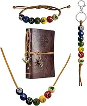 [XHBTS] 4 Set Camp Half-Blood Bracelet Keychian & Notebook & Brown Faux Leather Cord Colorful Painted Wooden Bead Demigod Olympian Necklace, one size, Wood, No Gemstone