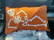 14" Orange Oblong Halloween Plush Pillow Reclining White Skeleton Black Tassels