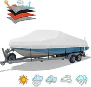 Heavy Duty 1200D PU Waterproof Boat Cover, 14'- 16' Trailerable Marine Grade Polyester Canvas, Fits 14-16ft V-Hull, Runabout, Fishing Boat, Tri-Hull, Pro-Style Bass Boat with Tightening Strap