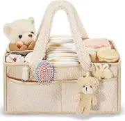 Baby Nappy Caddy Diaper Caddy Organizer， Baby Storage Basket for Diapers and Wipes，Portable Holder Tote Bag Holder Tote Bag ，Car Nursery Organizer Diaper Gift Accessories Bring a bear (Off-white)