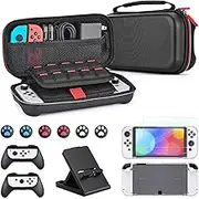 Younik Switch OLED Accessory Bundle 15 in 1 Accessory Set with Switch OLED Carry Case Including 21 Card Slots, Controllable Stand, 2 Screen Protectors, 2 Handles & 2 TPU Protective Cases