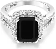 [Gem Stone King] 925 Sterling Silver Black Onyx Engagement Ring For Women (3.75 Cttw, Emerald Cut 10X8MM, Gemstone Birthstone, Available in size 5, 6, 7, 8, 9)