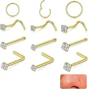 [L0famy] 12Pcs Helix Piercing Jewellery, Hypoallergenic Surgical Steel Helix Hoop, Surgical Steel Tragus Earrings Set, Gold Daith Tragus Piercing Jewellery, L-Shape Nose Studs Nose Piercing Jewelry, Mix,