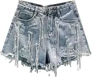 [Jegsnoe] Women Jeans Shorts Summer Streetwear Style Loose High Waist Sequin Fringed Ripped Denim Shorts