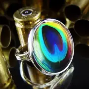 Peacock Feather Ring - Colorful Sterling Silver Glass Handmade