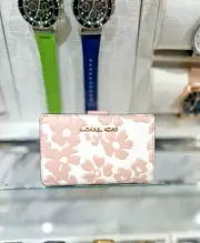 Michael Kors Jet Set Women Medium Floral Print Bi-Fold Zip Wallet Powder Blush