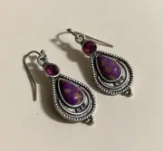 Purple Copper Turquoise Teardrop Silver Plated Handmade Dangle Drop Earrings