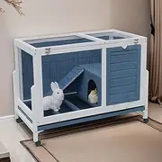 Two Floors Wooden Indoor Bunny Hutch Rabbit Cage on Wheels Guinea Pig PET House for Small to Medium Animals Waterproof No Leak Tray