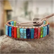 Natural Wide Rainbow Jasper Tube Beads Healing Chakra Gemstone Warp Bracelet
