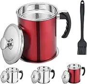 Kaemi 2.2L / 74OZ Bacon Grease Container with Strainer, Red Grease Keeper Can Oil Storage Catcher for Kitchen with Lid and Easy Grip Handle for Storing Meat Frying and Cooking Oil