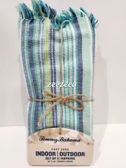 TOMMY BAHAMA Stripe NAPKINS Indoor/Outdoor Blues Greens Fringe Picnic Set of 4