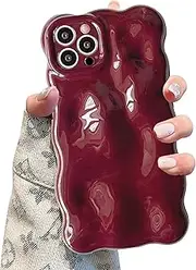 UEEBAI Case for iPhone 15 Pro Max 6.7 inch, Cute Solid Color Curly Wave Shape Shockproof Soft Bumper Phone Case, Candy Water Ripple 3D Silicon Slim Pretty Case Aesthetic Cover, Wine Red