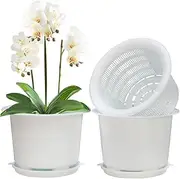 Meshpot 8 Inches Plastic Orchid Pots with Holes - 1 Inner Pot,1 Outer Pot,1 Tray (1PC White)