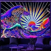 Maccyafst Blacklight Tapestry Great Wave Tapestry UV Reactive Japanese Kanagawa Sunset Tapestry Vintage Ocean Wave Octopus Tapestry Wall Hanging for Bedroom Backdrop