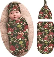 Cute Mushroom Newborn Swaddle Blanket with Beanie Set, Soft and Stretchy Baby Blanket Swaddle Sack for Boy and Girl