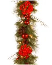National Tree 9ft "Decorative" Hydrangea Garland with Battery Operated Warm White LED Lights