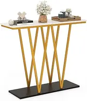 Giantex Gold Entryway Table, 100cm Modern Console Table with Faux Marble Table & Metal Frame, Geometric Behind Couch Table with Storage Base for Living Room, Entrance, Hallway, White