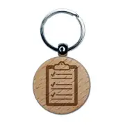 Clipboard Office List Checks Engraved Wood Round Keychain Tag Charm