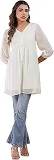 [Janasya] Indian Women's Off White Flowy Kurta Kurt Top Tunic A-Line Casual wear Short Kurta for Women
