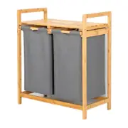 Catzon Bamboo Laundry Hamper with Dual Compartments for Clothes Linens-Grey