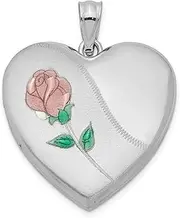 [JewelryWeb] 925 Sterling Silver Holds 2 photos Polished and satin 24mm-Satin Enameled Sparkle Cut Rose Locket