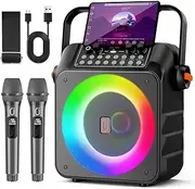 HWWR Karaoke Machine with Two Wireless Microphones, Karaoke Machine for Adults Kids, 5" Subwoofer, LED Lights, PA System with Karaoke Microphone Support REC/USB/AUX for Home Party