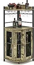 Giantex Corner Bar Cabinet with Glass Holder, Industrial Wine Cabinet with Metal Mesh Doors & Adjustable Shelf, Buffet Cabinet with Anti-tip Kit for Home Kitchen Dining Room Bistro, Rustic Brown
