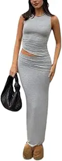 [Pokn] Y2K 2 Pice Set Solid Color Maxi Skirt with Slit Comfy Stretchy Crew Neck Off Shoulder Tops for Women Slim Fit