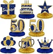 8 Pieces 50th Birthday Decorations Glitter 50th Happy Birthday Honeycomb Centerpieces for Tables Fifty Years Blue and Gold Party Decorations Men and Woman Birthday Decorations
