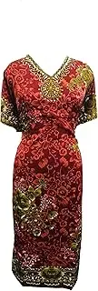 [Gavya] Long kaftan dress for women Ethnic Flower leaf design print caftan kimono v-neck Boho Hippie maxi dress Cover Up free size nightwear nigty nightdress Beachwear Swimsuit Red