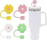 4Pcs 0.4in Diameter Cute Silicone Straw Covers Cap for Stanley Cup,Dust-Proof Protector Topper Reusable Drinking Straw Tips Lids(4Pcs Colorful Flower).