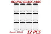 12 x 150ml Glass Honey Jars Round w Black Lid Lolly Jam Wedding Conserve Food Storage