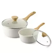 White Ceramic Nonstick Saucepan with Lid Set, Small Cooking Pot with Stay Coo...