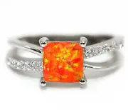 Natural Red Fire Opal & White Topaz 925 Solid Sterling Silver Ring Jewelry Sz 8