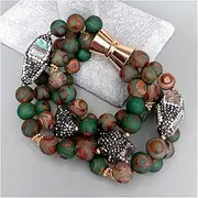 LAnGSHAW 4 Strands 10mm Green Brown Frosted Agate Abalone Shell with Black Bracelet Multi Strands 8"