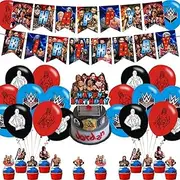 Karg Wrestling Birthday Party Decorations Pack - Banner, Cake Topper, 12 Cupcake Toppers, 18 Balloons - Red, Black, White - Wrestling Theme