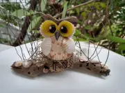 Sea Shell Owl Figurine Perched on Driftwood Hand Made