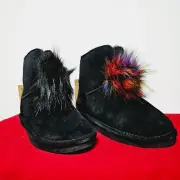 BEARPAW Libby Suede Sheepskin Pom Pom Boot w NeverWet in Black, Choose Size