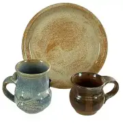 1970s Signed Studio Art Pottery Mugs and Plate 3 Pcs Set