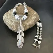 Feather White Buffalo Turquoise Opal Pendant Sterling Silver Necklace 21” 18670
