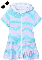 [Hiiraggle] Girls Swim Cover Up Terry Swimsuit Coverup Kids Zip-Up Beach Pool Bathing Suit Wraps with Sunglasses