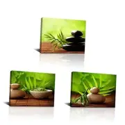 3 Panels Zen Stone Painting Canvas Wall Art SPA Bamboo Pictures Green Prints